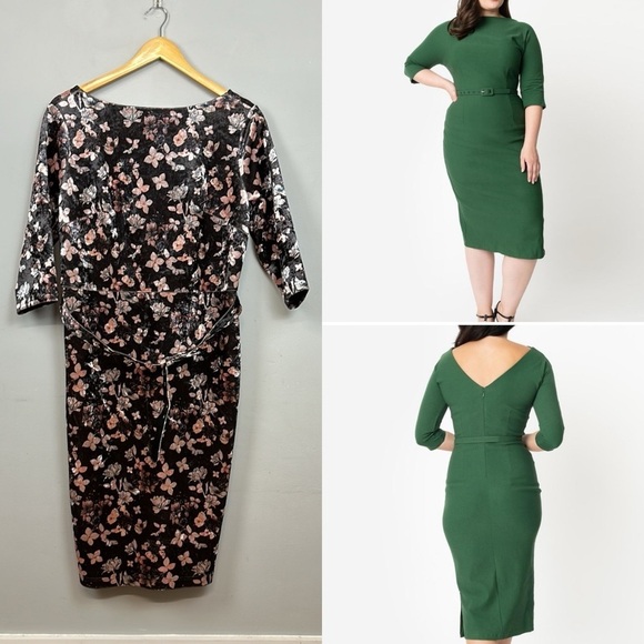 Unique Vintage Dresses & Skirts - Unique Vintage *Sample* Adelia Black Pink Floral Velvet Wiggle Dress  Sz 2X